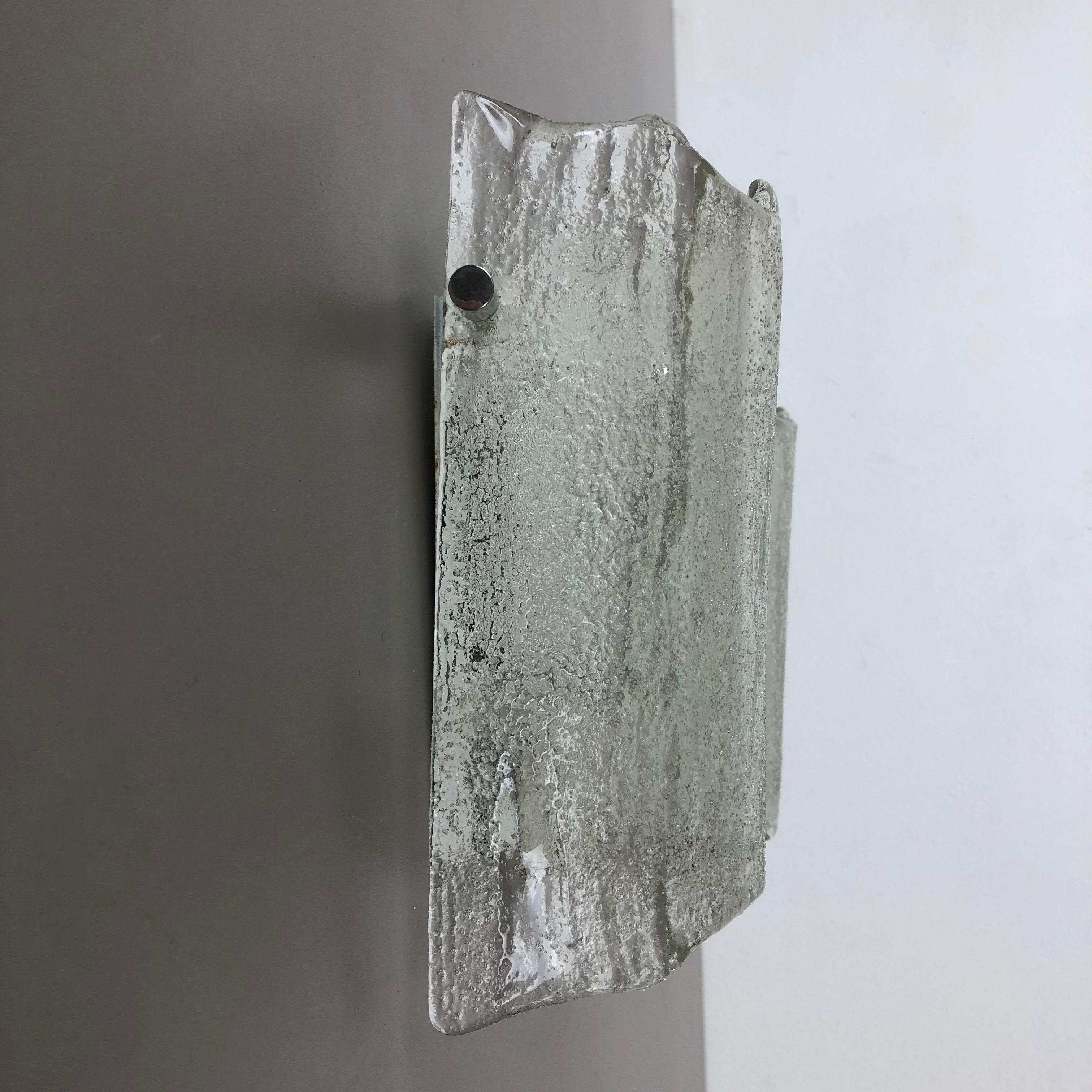 Mid-Century Modern Set of 2 Vintage 1960s Ice Glass Metal Wall Light by Kaiser Leuchten, Germany