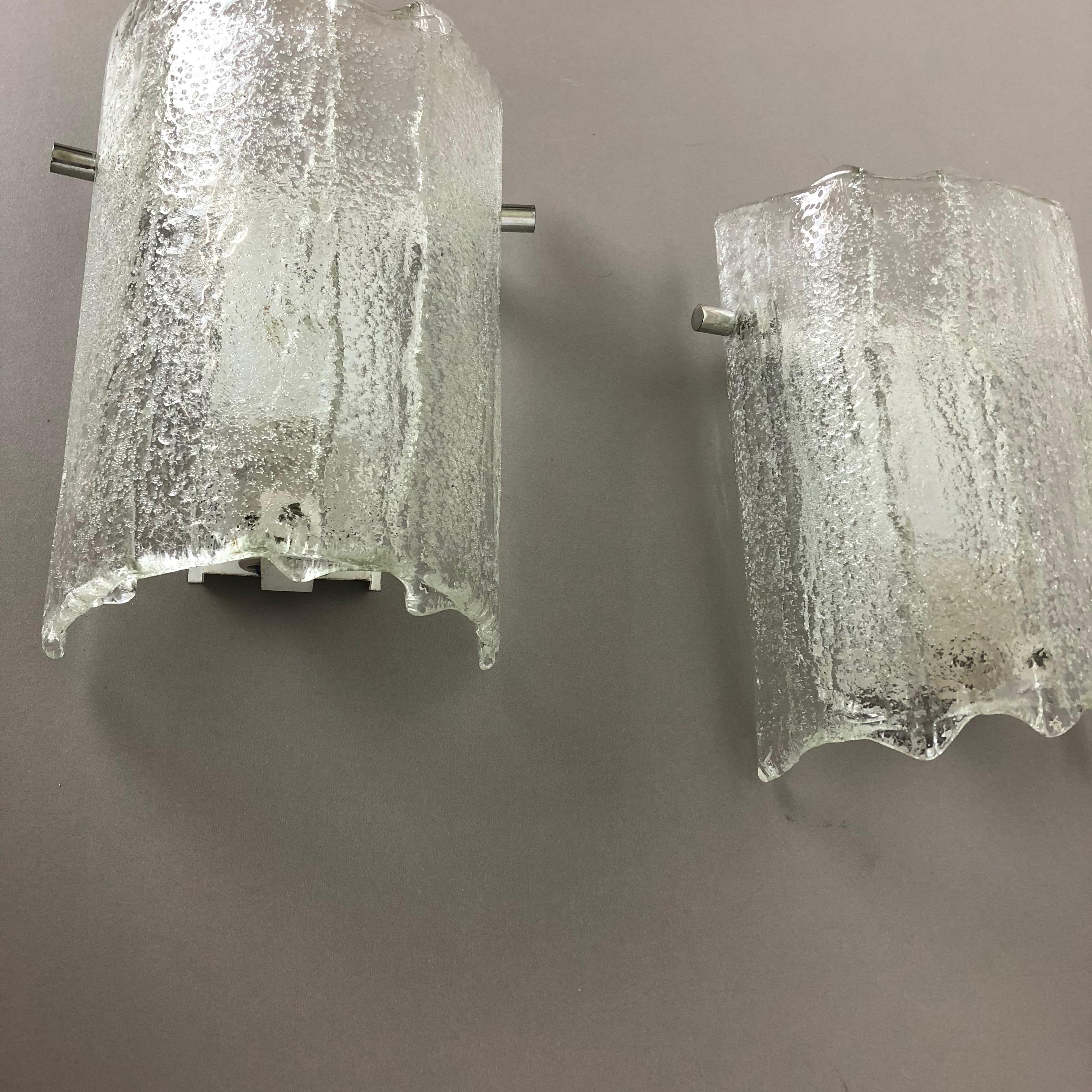 Set of 2 Vintage 1960s Ice Glass Metal Wall Light by Kaiser Leuchten, Germany For Sale 2