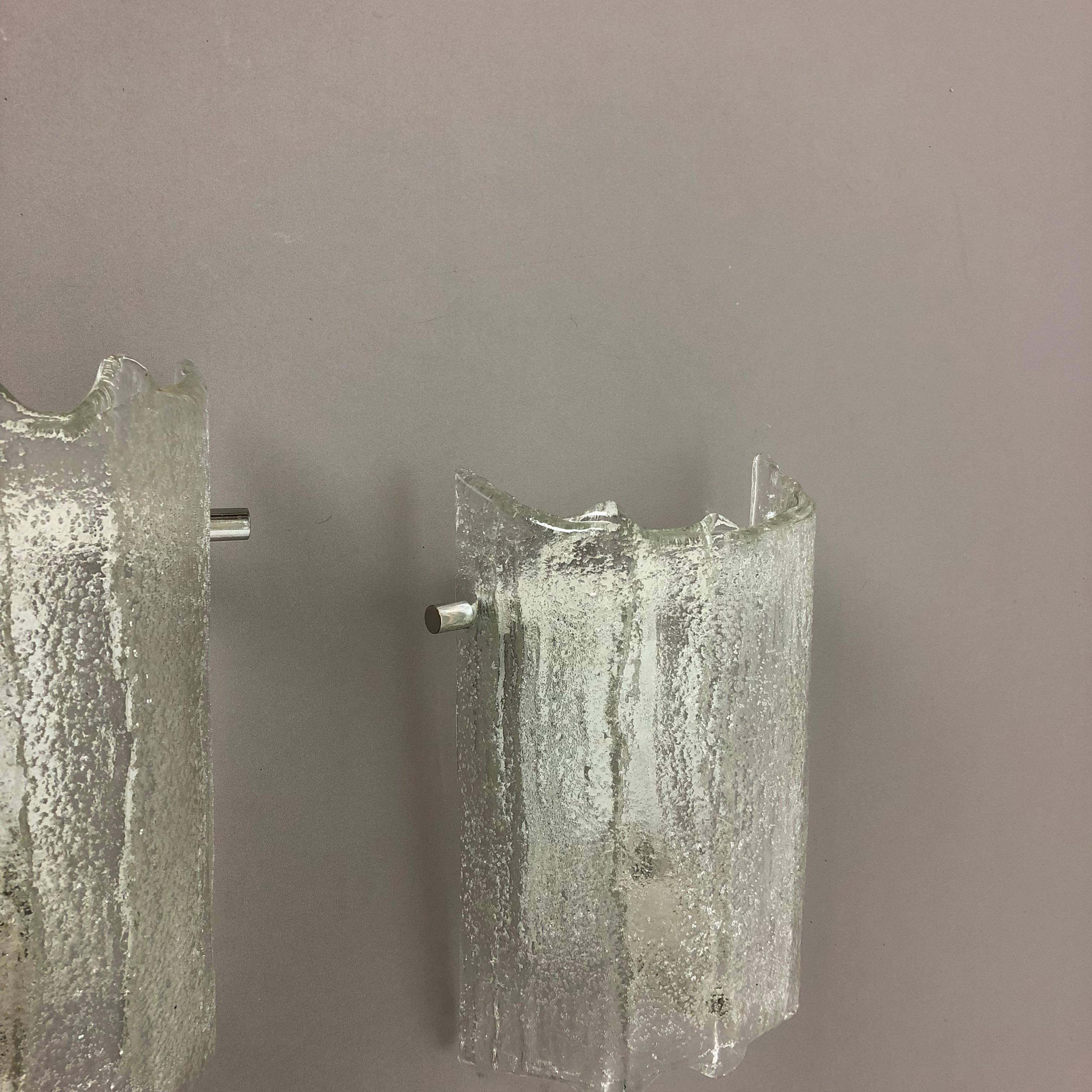 Set of 2 Vintage 1960s Ice Glass Metal Wall Light by Kaiser Leuchten, Germany For Sale 3