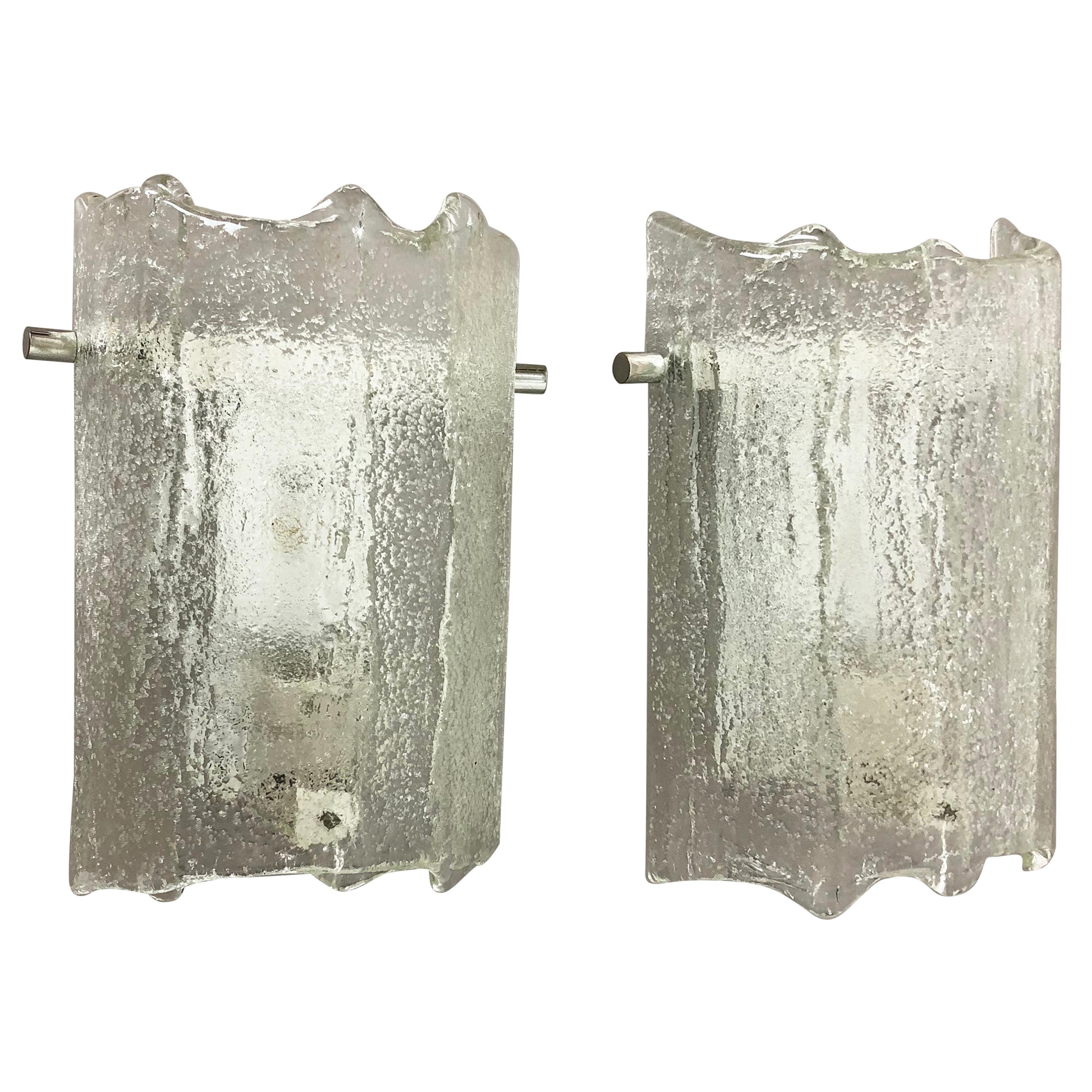 Set of 2 Vintage 1960s Ice Glass Metal Wall Light by Kaiser Leuchten, Germany