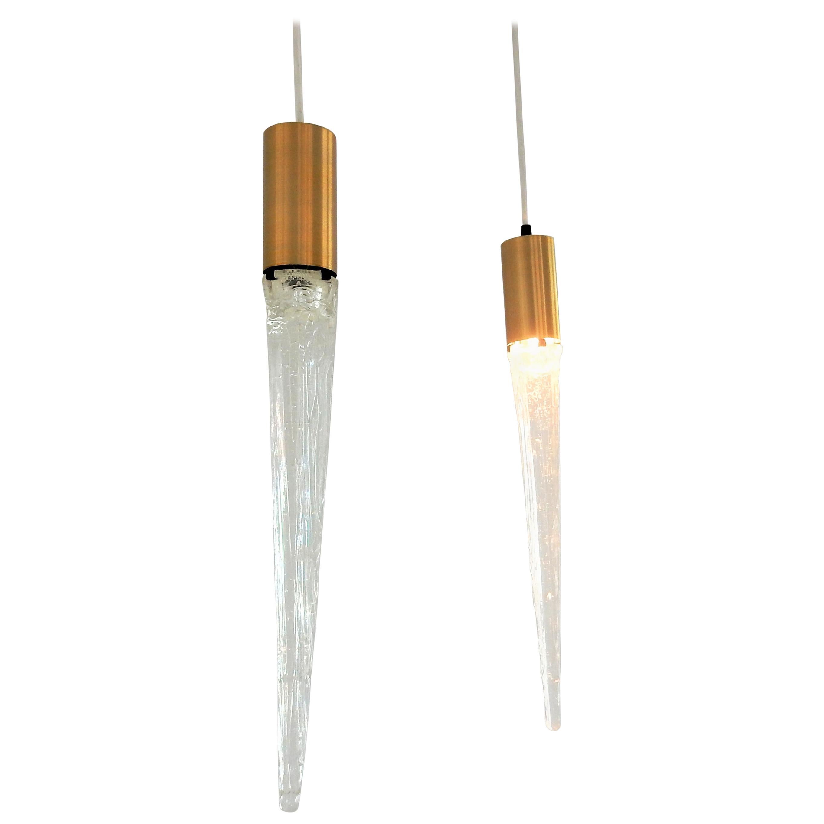 Set of 2 Vintage Acrylic and Brass Icicle Pendant Lamp, Denmark