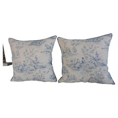 Set of (2) Retro Beige and Blue Toile Decorative Square Pillows