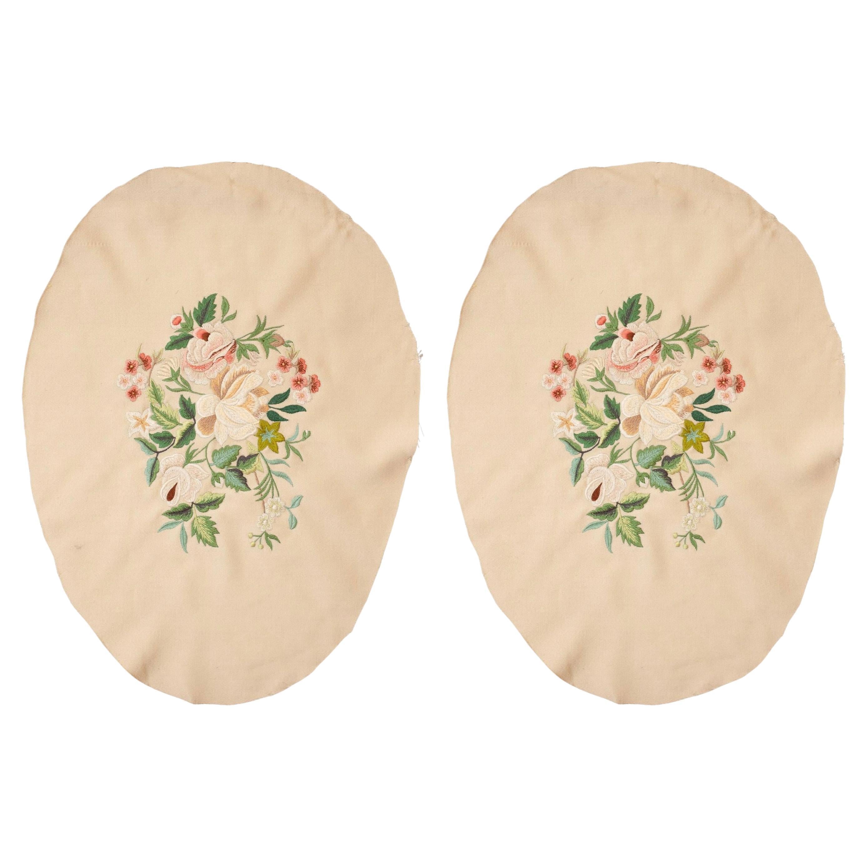 Set of 2 Vintage Beige Wool Embroidered Panels for Upholstery For Sale