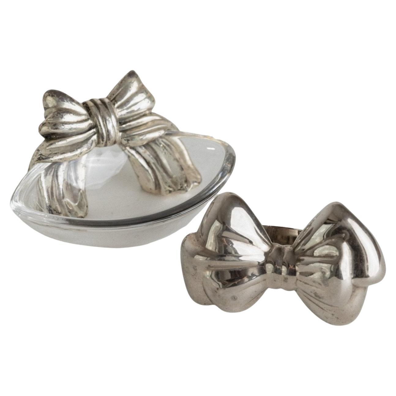 Set of 2 Vintage Bottle Accessories Silver-Plated Bows Design Italy, 1960s For Sale