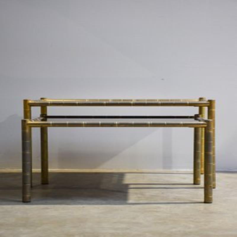 20th Century Set of 2 Vintage Brass-Plated Coffee Tables in Bamboo, 1970s For Sale