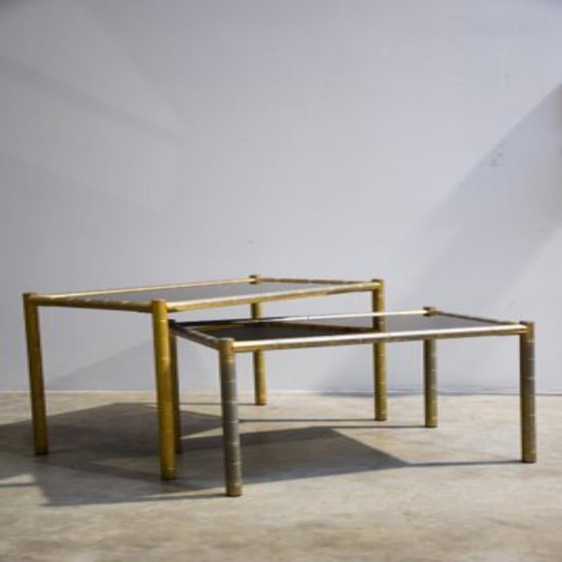 Set of 2 Vintage Brass-Plated Coffee Tables in Bamboo, 1970s For Sale 1