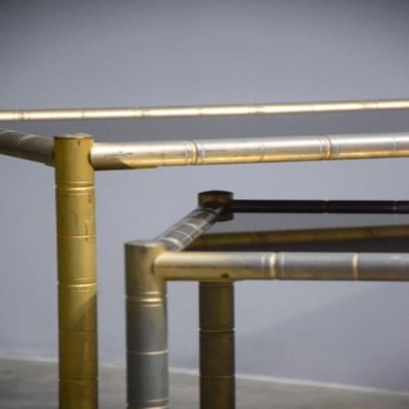 Set of 2 Vintage Brass-Plated Coffee Tables in Bamboo, 1970s For Sale 2