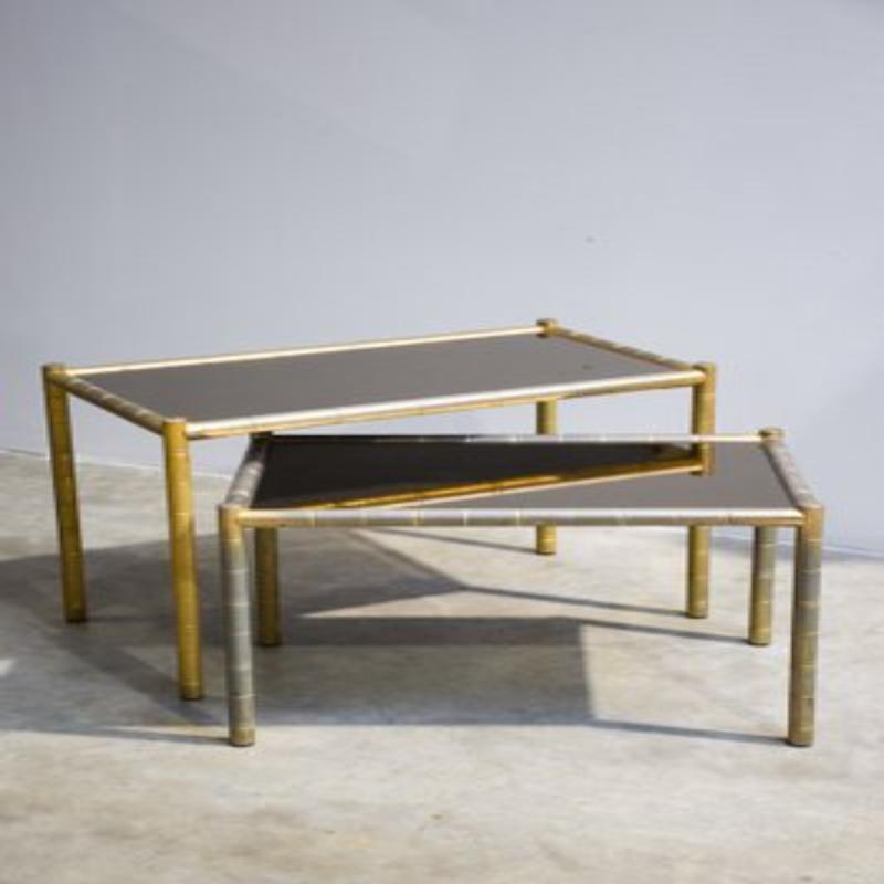 Set of 2 Vintage Brass-Plated Coffee Tables in Bamboo, 1970s For Sale 3