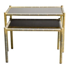 Set of 2 Vintage Brass-Plated Coffee Tables in Bamboo, 1970s