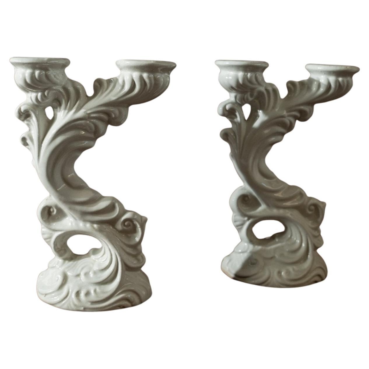 Set of 2 Vintage Candlesticks Fine Ceramic, Italy, 1930s
