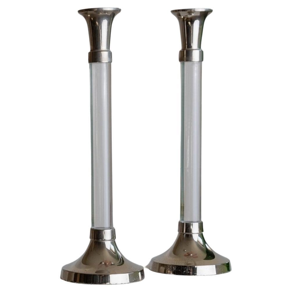 Set di 2 candelieri vintage in vetro acrilico e metallo cromato, anni '70