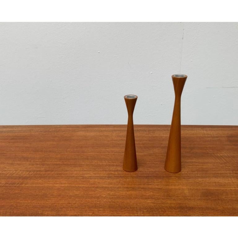 Metal Set of 2 Vintage Danish Teak Candleholders For Sale