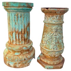 Set of 2 Vintage French Cast Iron Garden Pedestals Green Patina