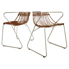Set of 2 Vintage French Chairs Made of Wrought Iron and Rattan, c 1950s