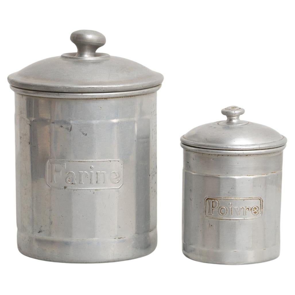Set of 2 Vintage French Metal Pots – "Farine" and "Poivre" – Early 20th Century For Sale