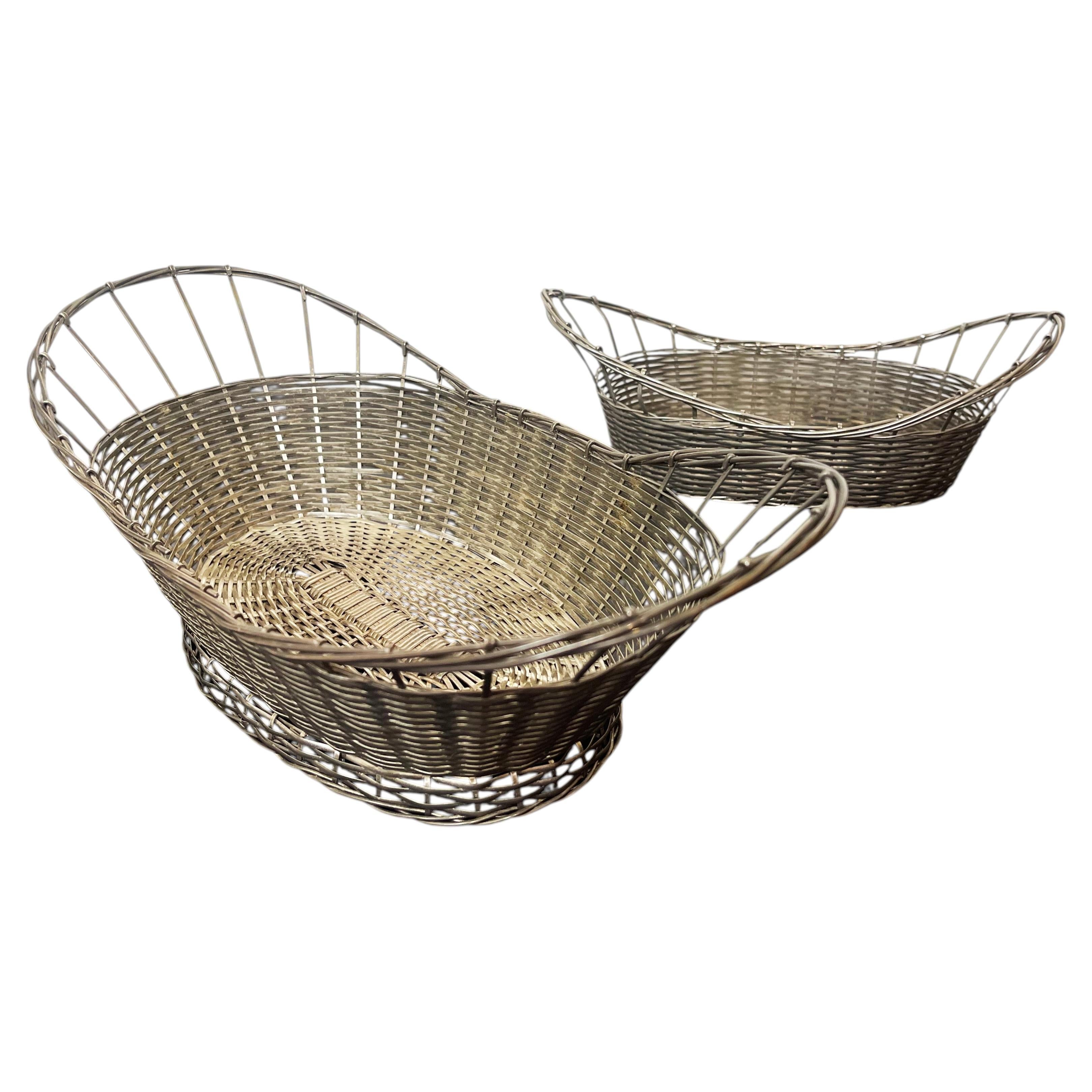 Set of 2 Vintage French Silver Plated Bread Baskets Victorian Style, 1960s