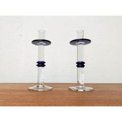 Set of 2 Vintage Blue Glass Candle Holders, 1970s Design