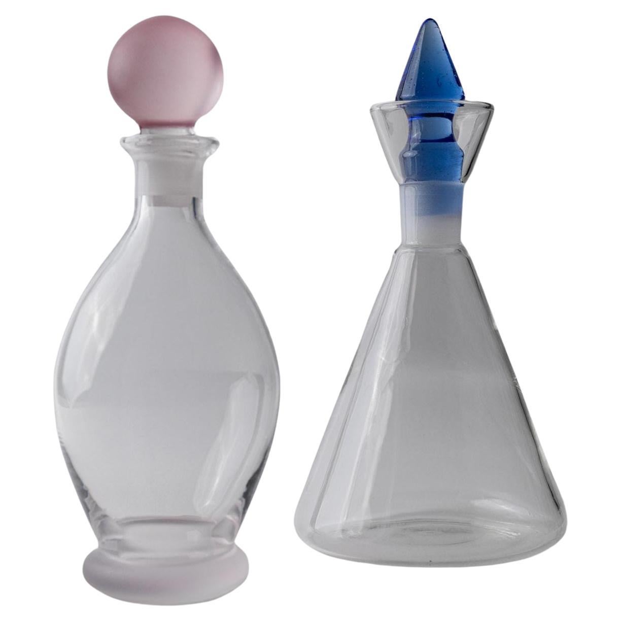 Set of 2 Vintage Glass Decanter with Pink Blue Stoppers, 1980s For Sale