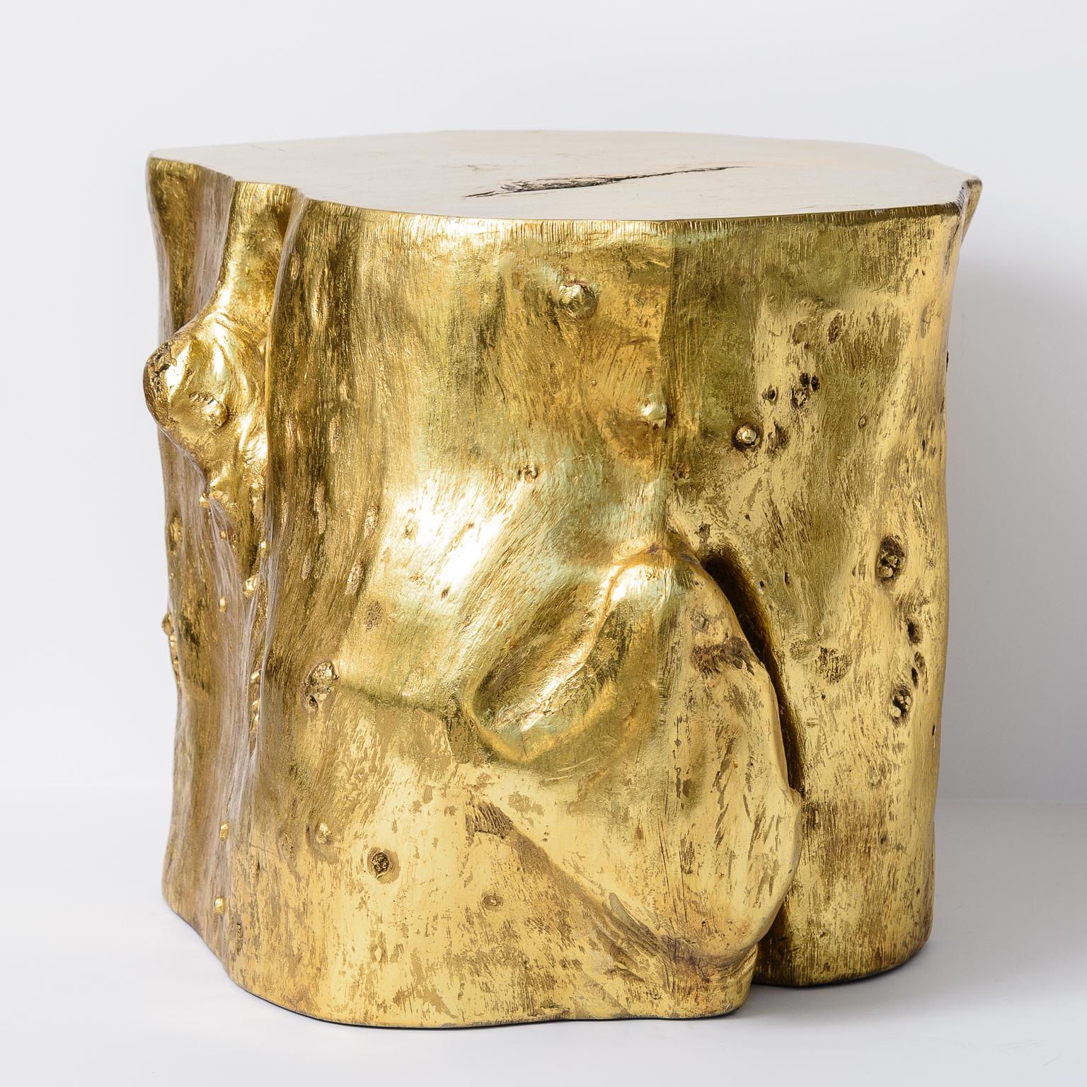 Set of 2 Vintage Gold Leaf Cast Resin Tree Stump Stools, Side Tables In Good Condition For Sale In West Palm Beach, FL