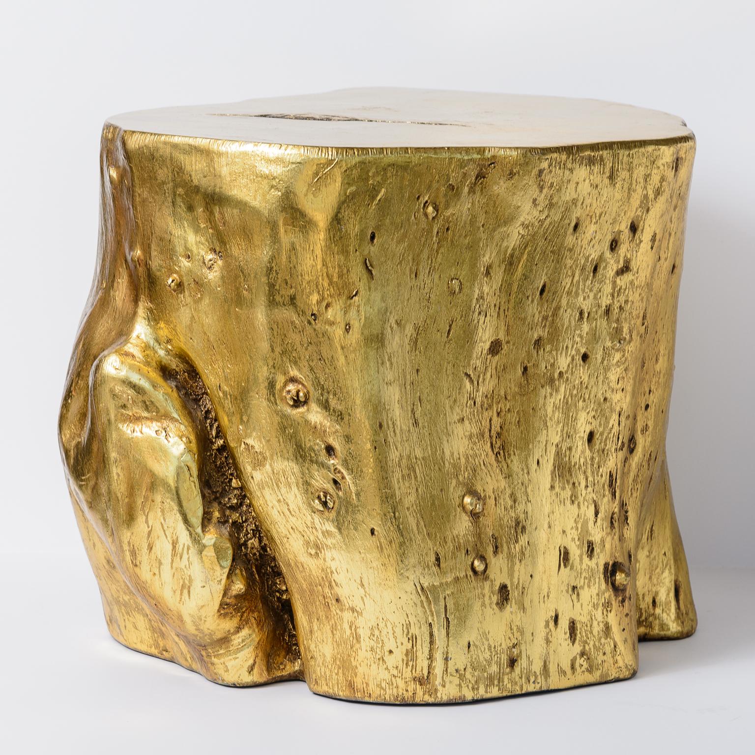 Contemporary Set of 2 Vintage Gold Leaf Cast Resin Tree Stump Stools, Side Tables For Sale