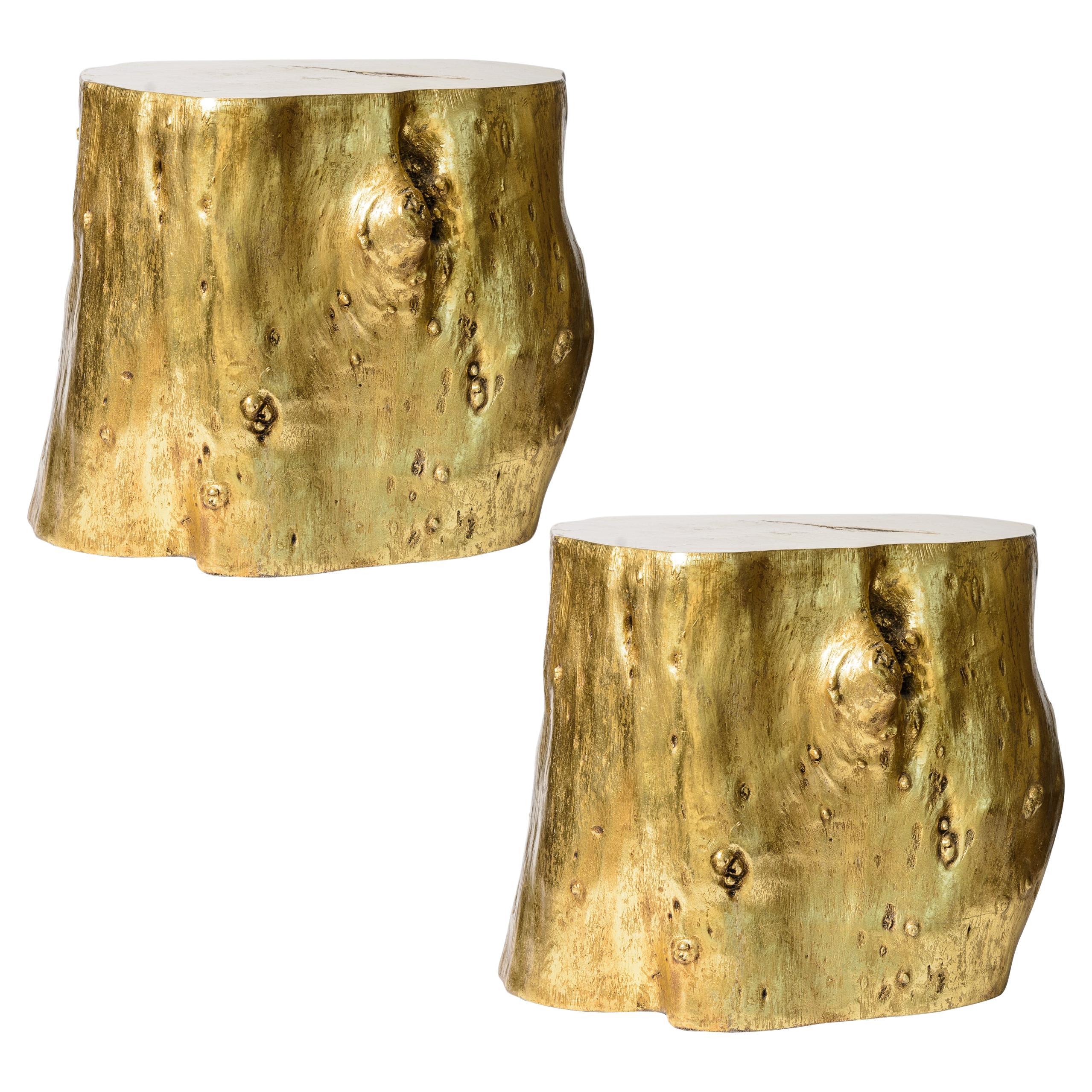 Set of 2 Vintage Gold Leaf Cast Resin Tree Stump Stools, Side Tables For Sale