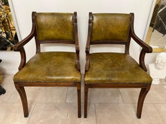 Set of 2 Vintage Green / Brown Leather Chesterfield / Chippendale Armchairs
