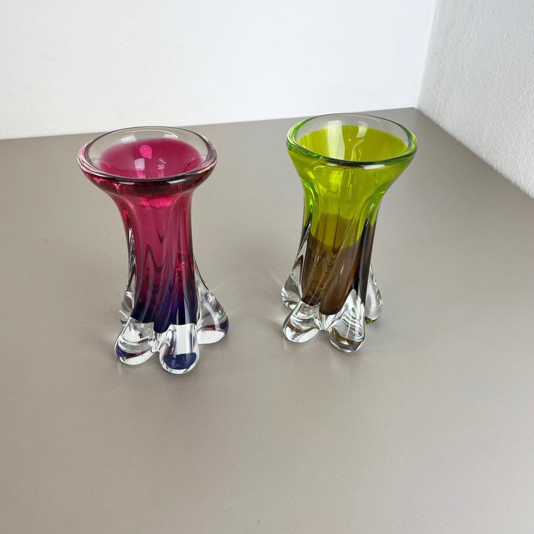 Mid-Century Modern set of 2 Vintage Hand Blown Crystal Glass Vase by Joska, Germany, 1970s For Sale