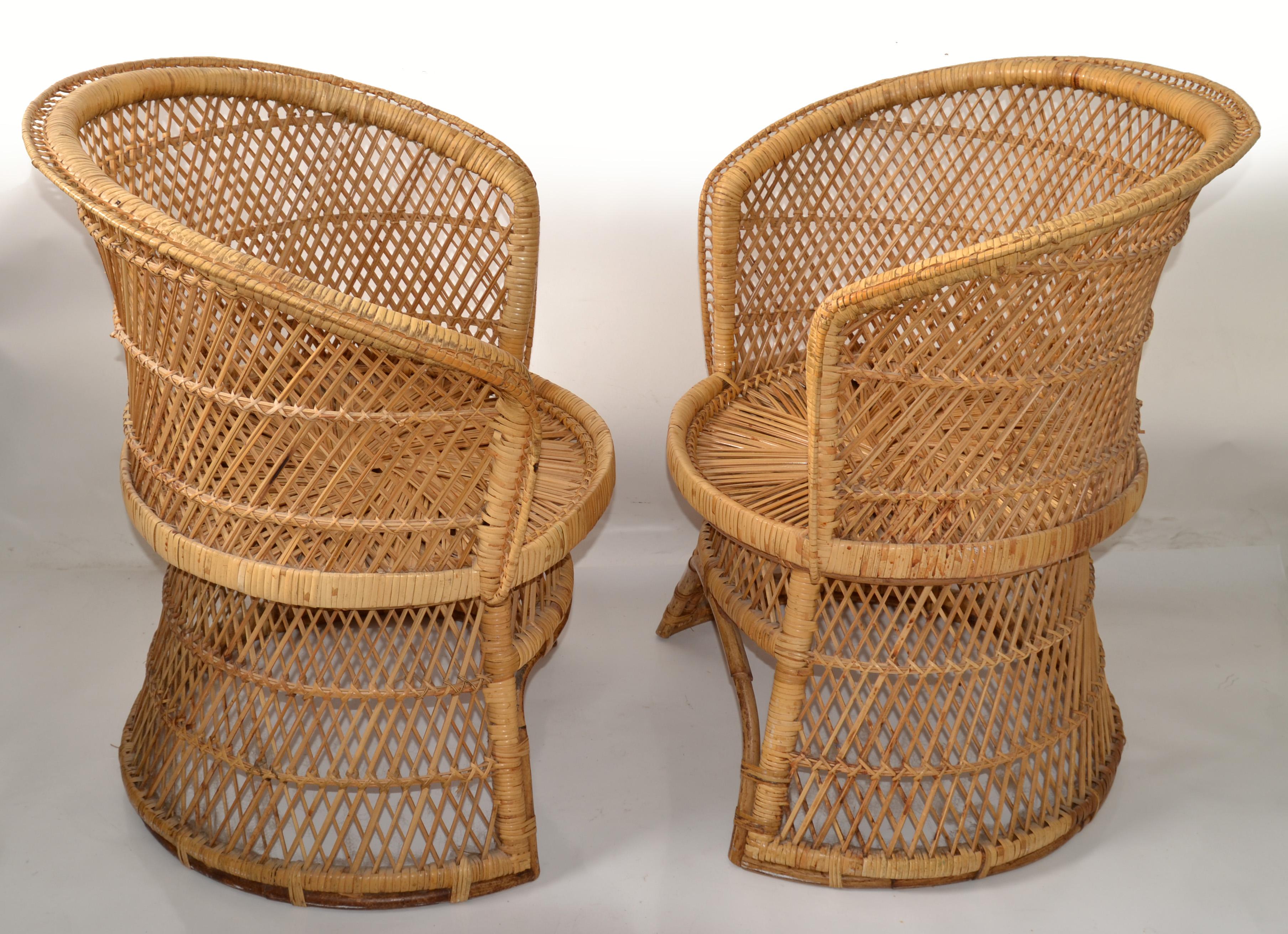 Set of 2 Vintage Handwoven & Crafted Chinoiserie Rattan Cane & Bamboo Armchairs For Sale 5