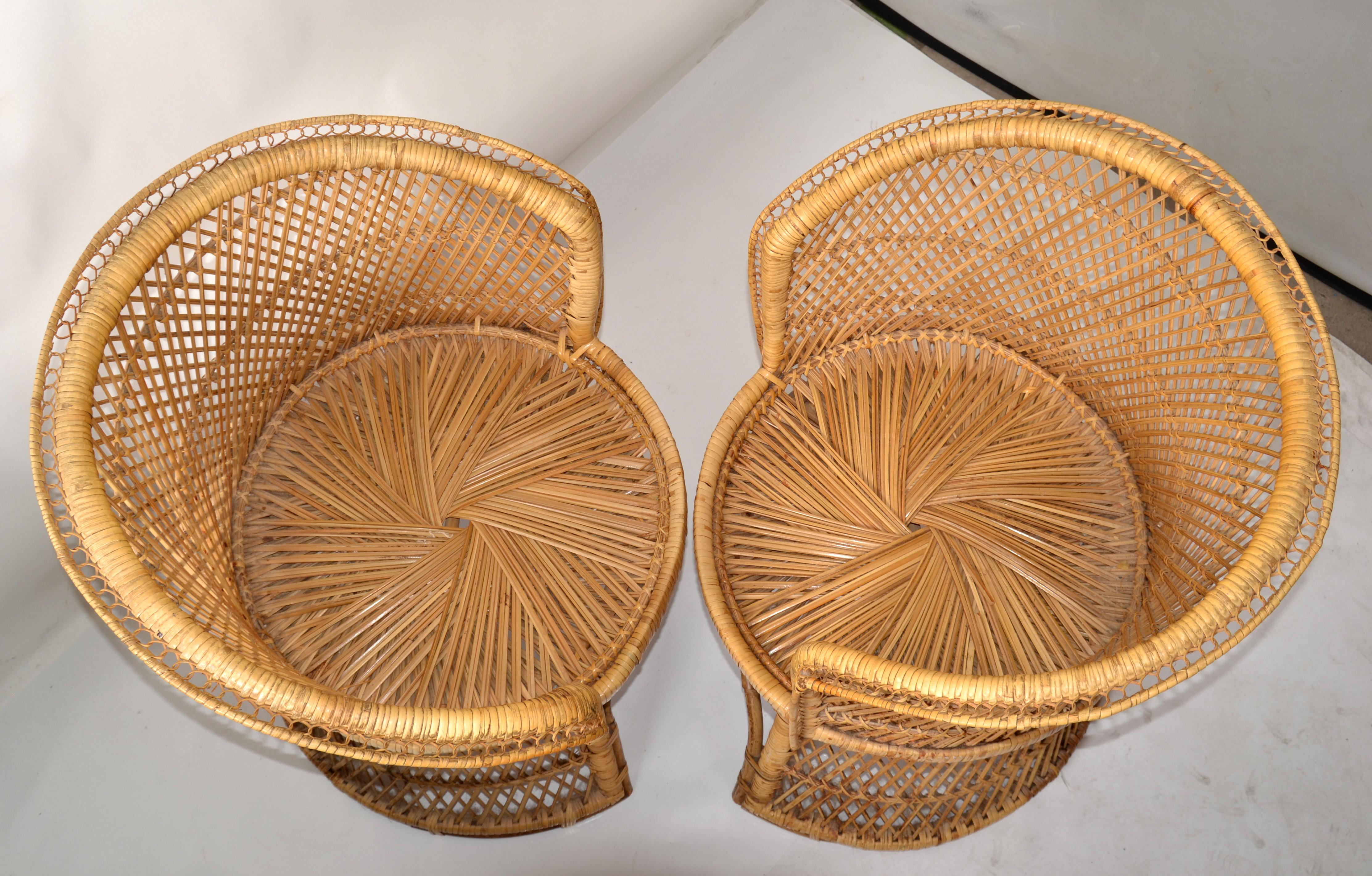 Set of 2 Vintage Handwoven & Crafted Chinoiserie Rattan Cane & Bamboo Armchairs For Sale 2