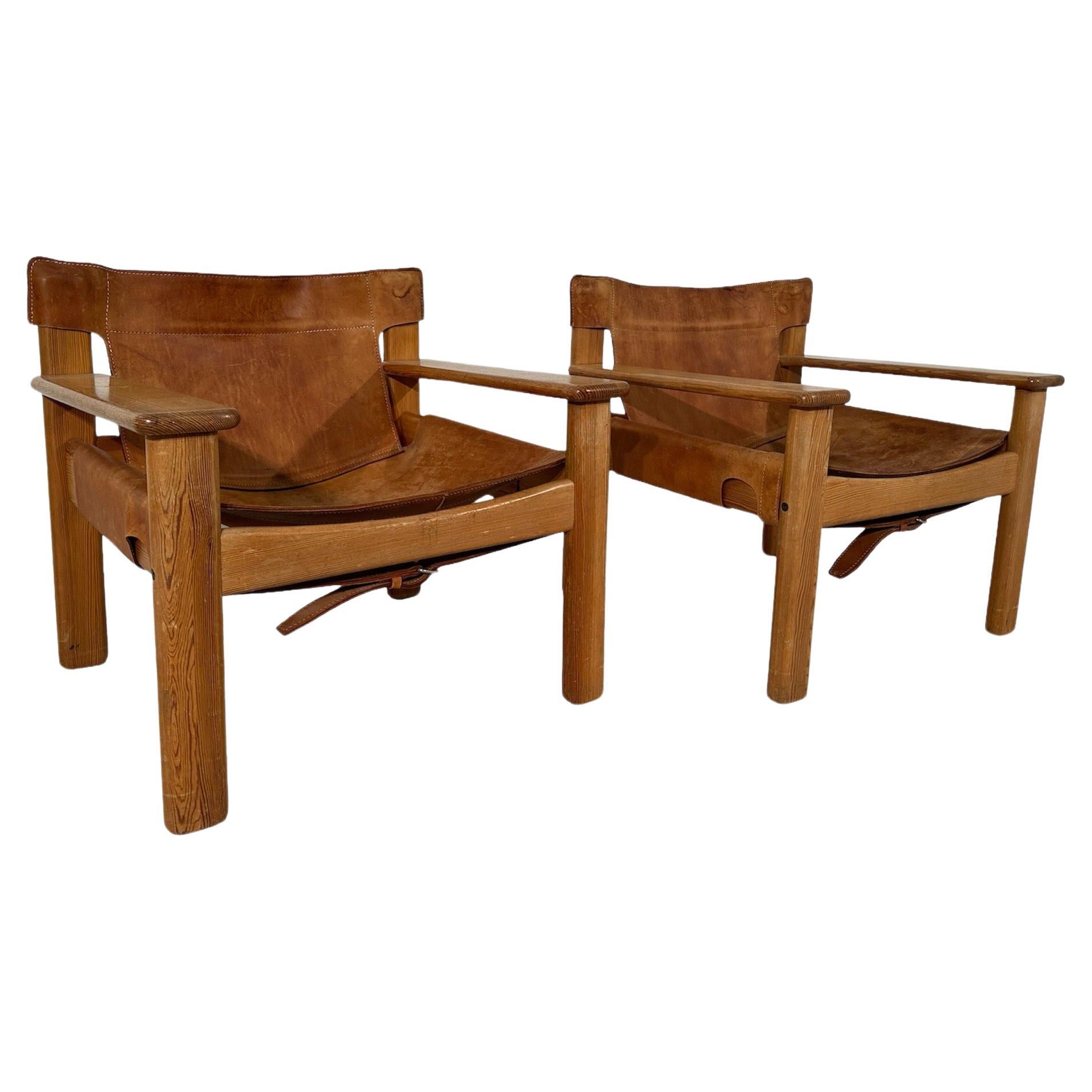 Satz von 2 italienischen Holz- und Leder-Safari-Stühlen 1970er Jahre
