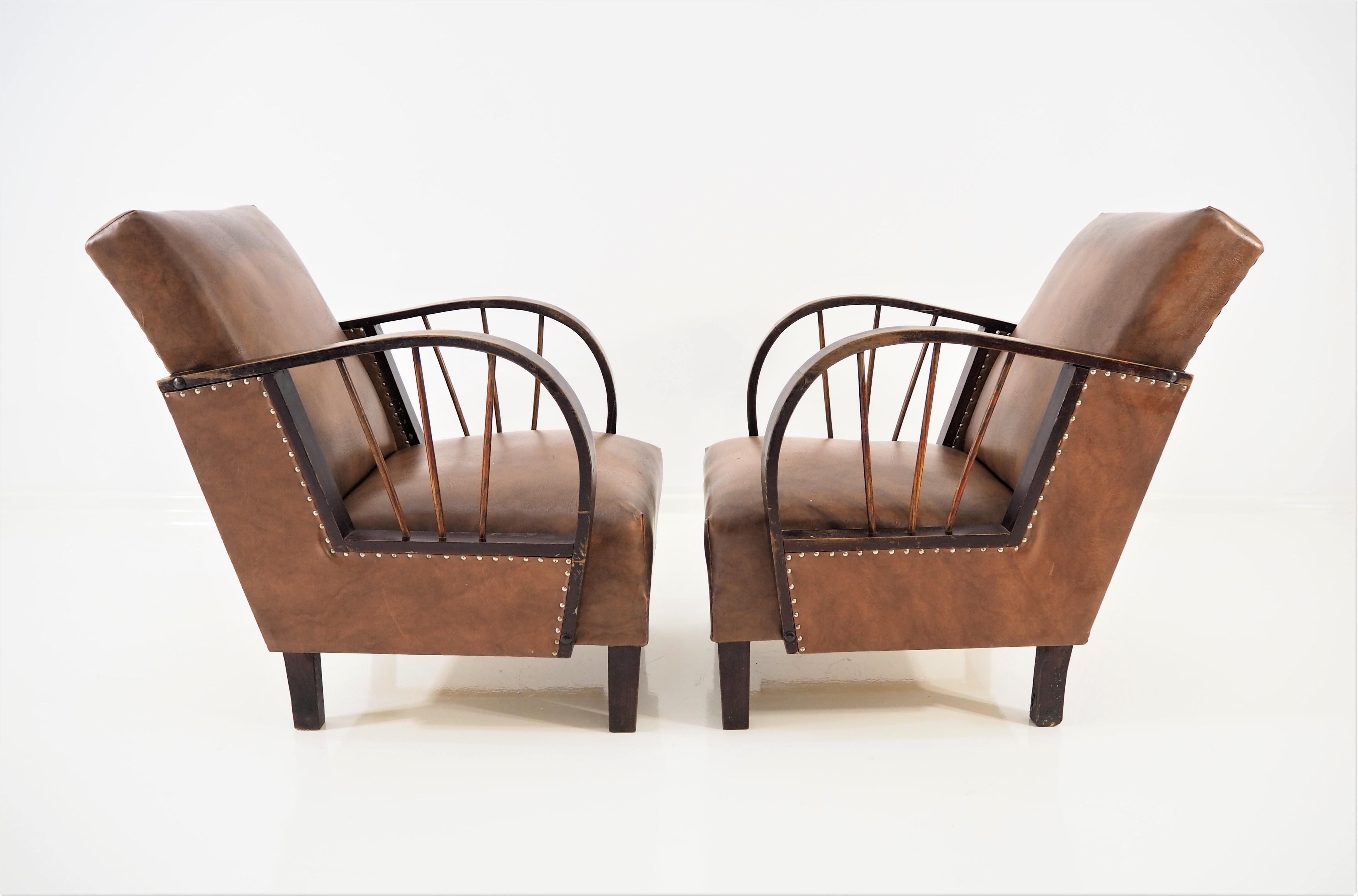 Czech Set of 2 Vintage Lounge Chairs, Leather, 1970s For Sale