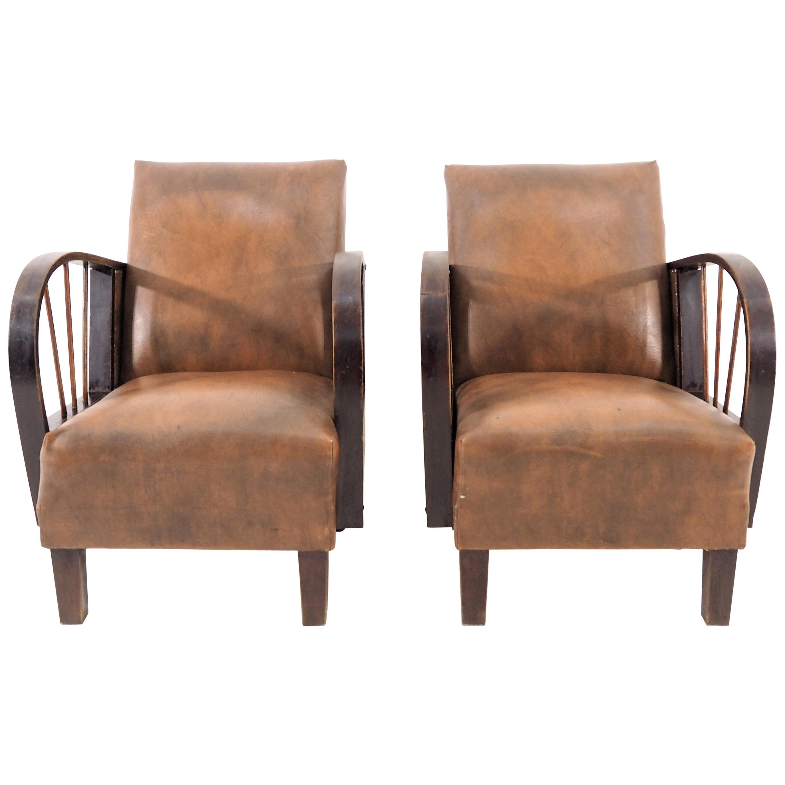 Set of 2 Vintage Lounge Chairs, Leather, 1970s For Sale