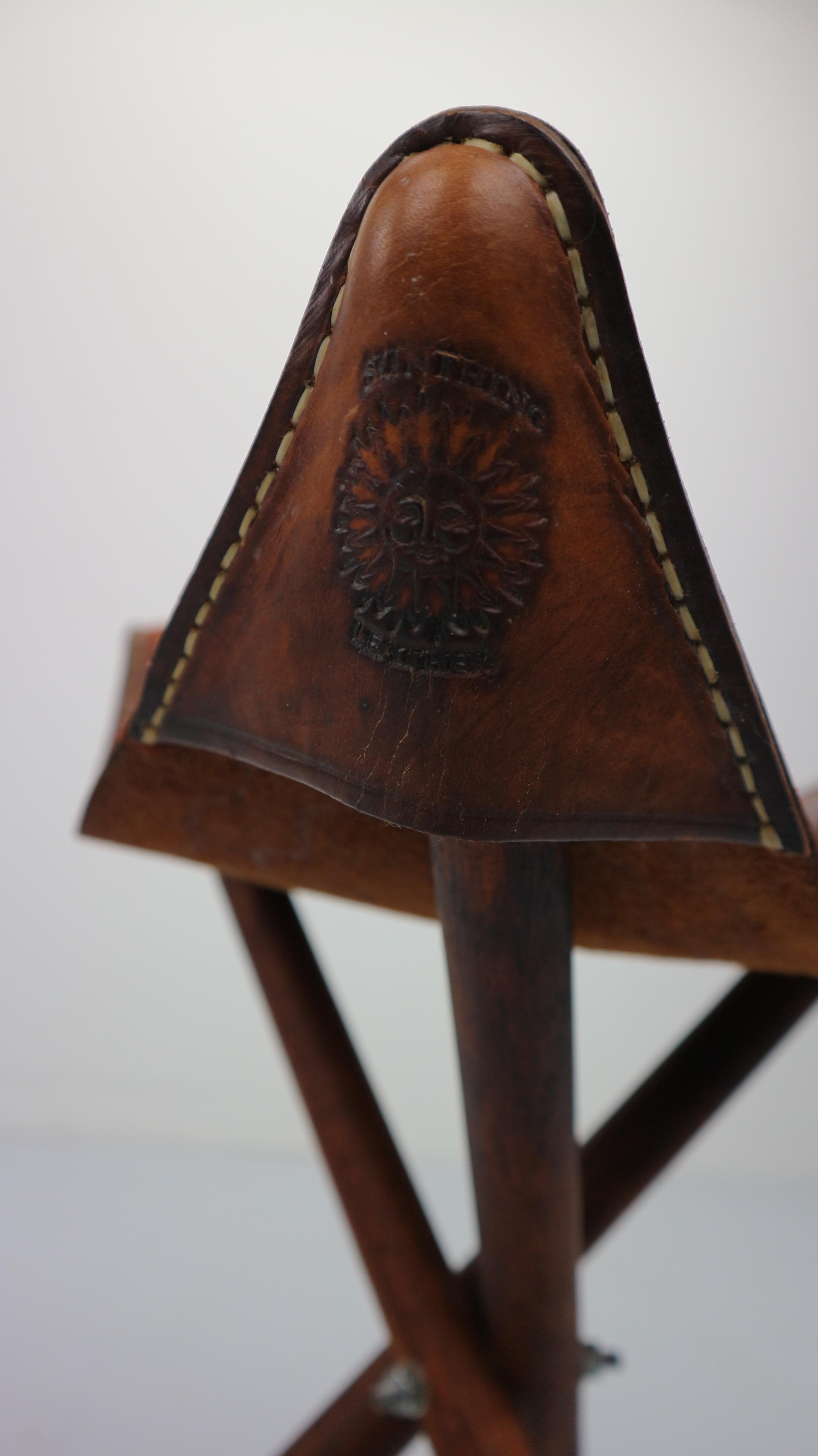 Set of 2 Vintage Mexican Tooled Leather Tripod Saddle Stools, 1940s 5