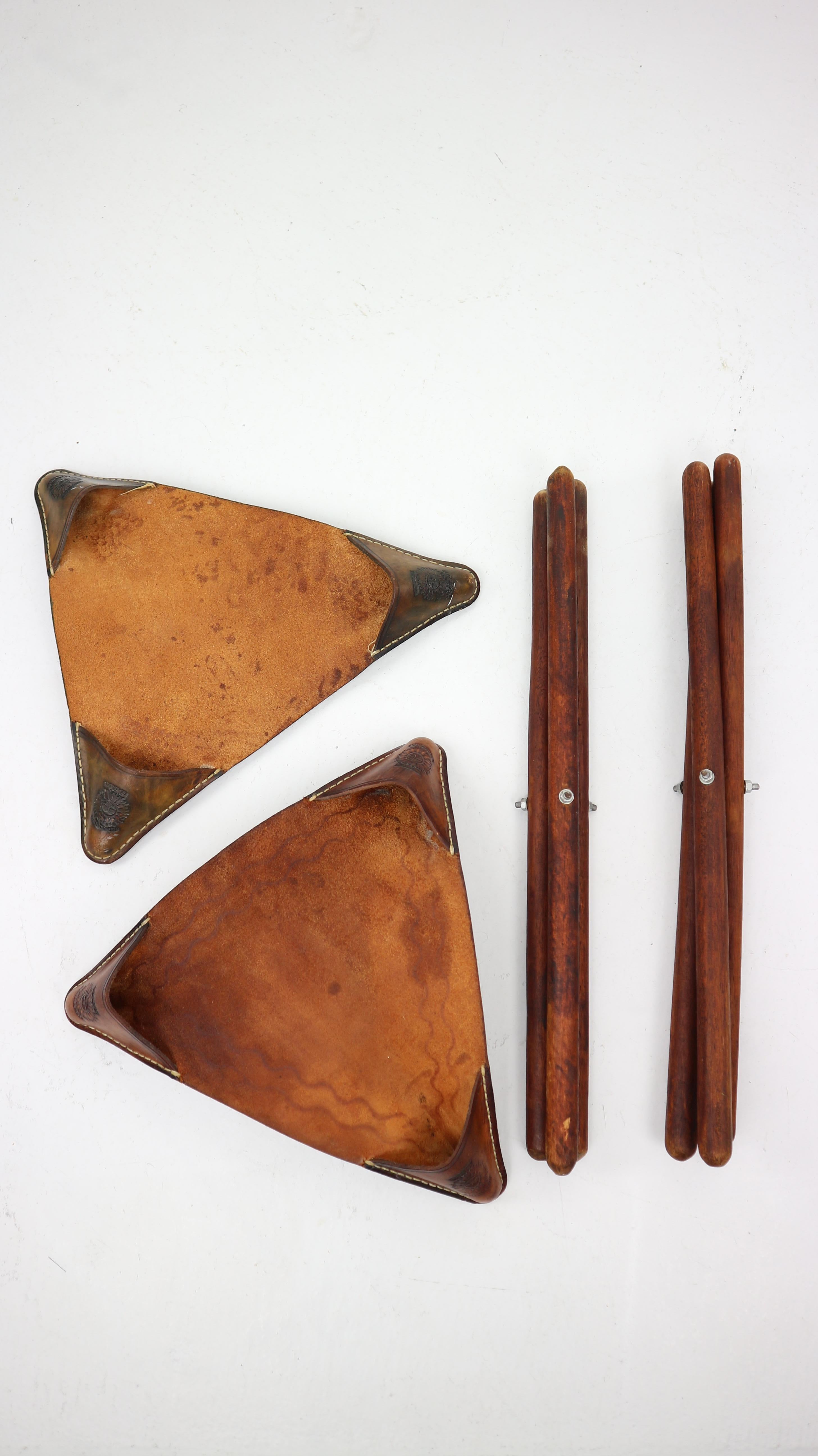 Set of 2 Vintage Mexican Tooled Leather Tripod Saddle Stools, 1940s 13