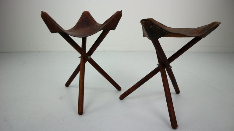 Set of 2 Vintage Mexican Tooled Leather Tripod Saddle Stools, 1940s at
