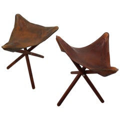 Set of 2 Vintage Mexican Tooled Leather Tripod Saddle Stools, 1940s