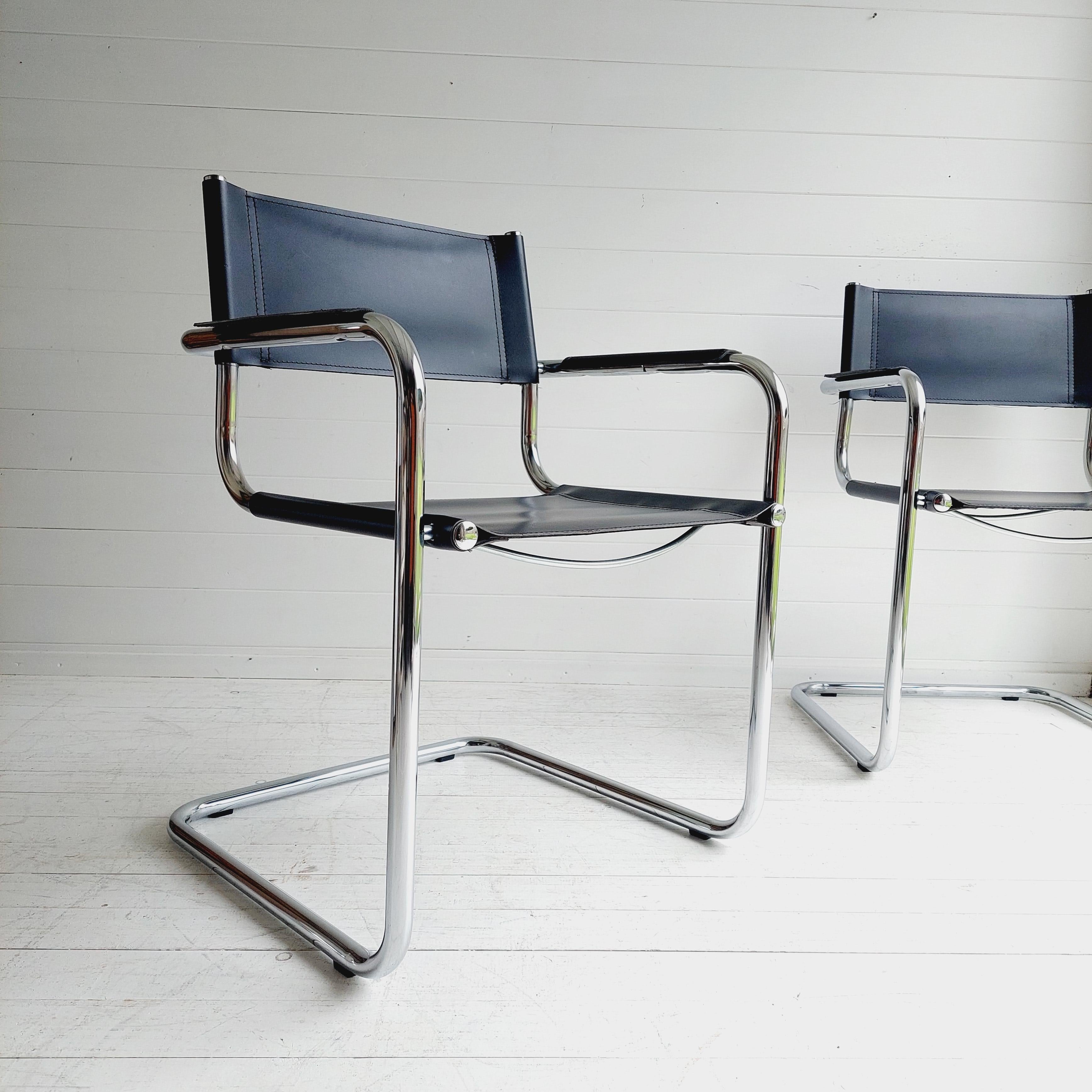 Vintage Mid Century 1960's/70's Mart Stam Style Cantilever Dining Chairs
Mart Stam Model S34 Leather Cantilever Style Chairs
The armchair is a beautiful mid-century furniture of the Bauhaus era.
Designed by Mart Stam in the 1920s

Feature tubular