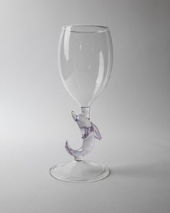 Set of 2 Vintage Murano Glass Wine Glasses, Lilac Dolphin Figure Stems, 1980s