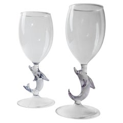 Set of 2 Vintage Murano Glass Wine Glasses, Lilac Dolphin Figure Stems, 1980s