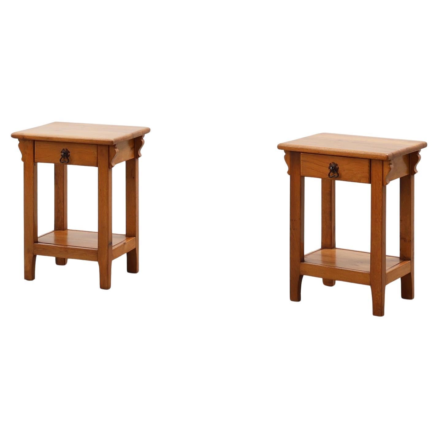 Set of 2 vintage nightstands in solid oak, France ca. 1960
