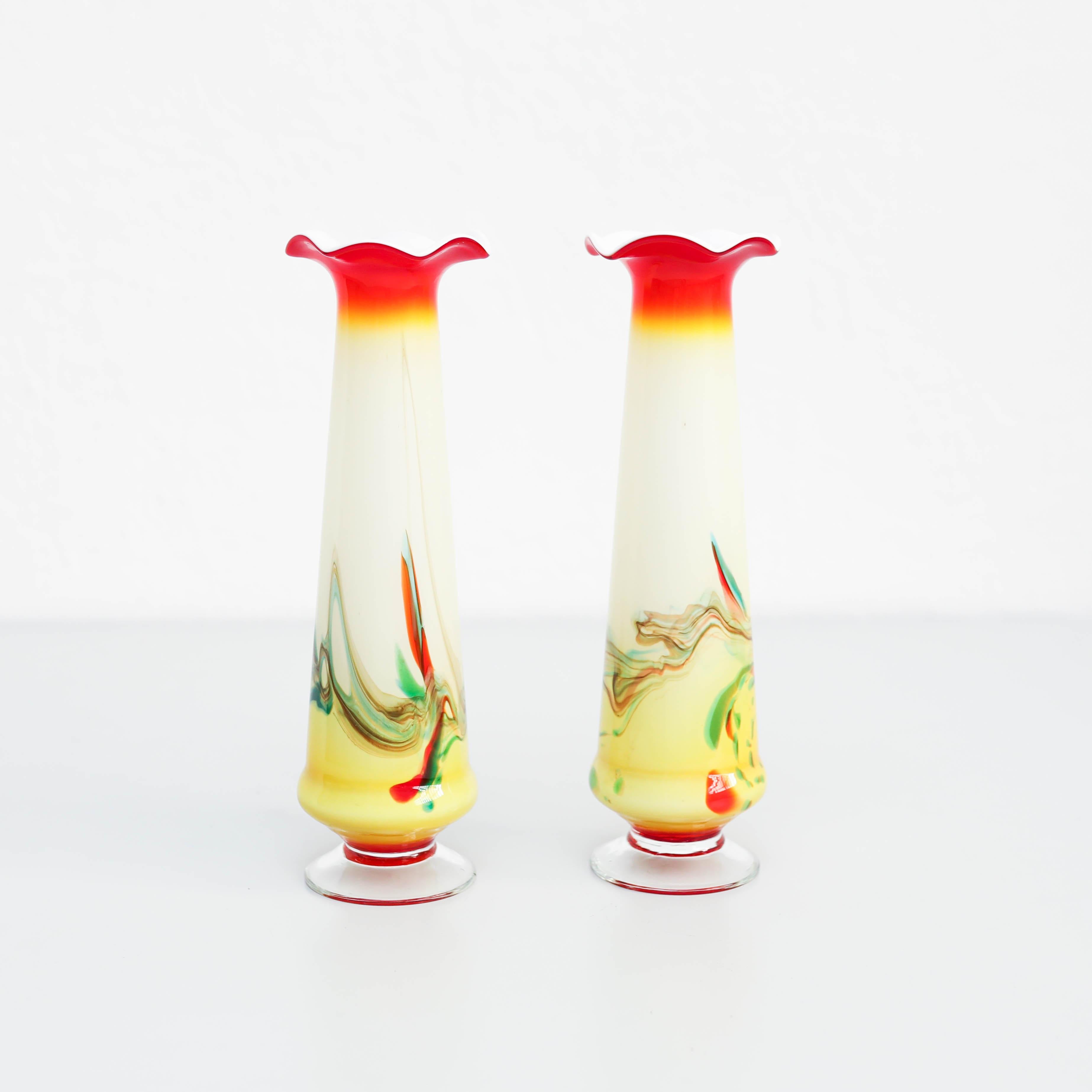 Rustic Set of 2 Vintage Painted Glass Vases, circa 1940