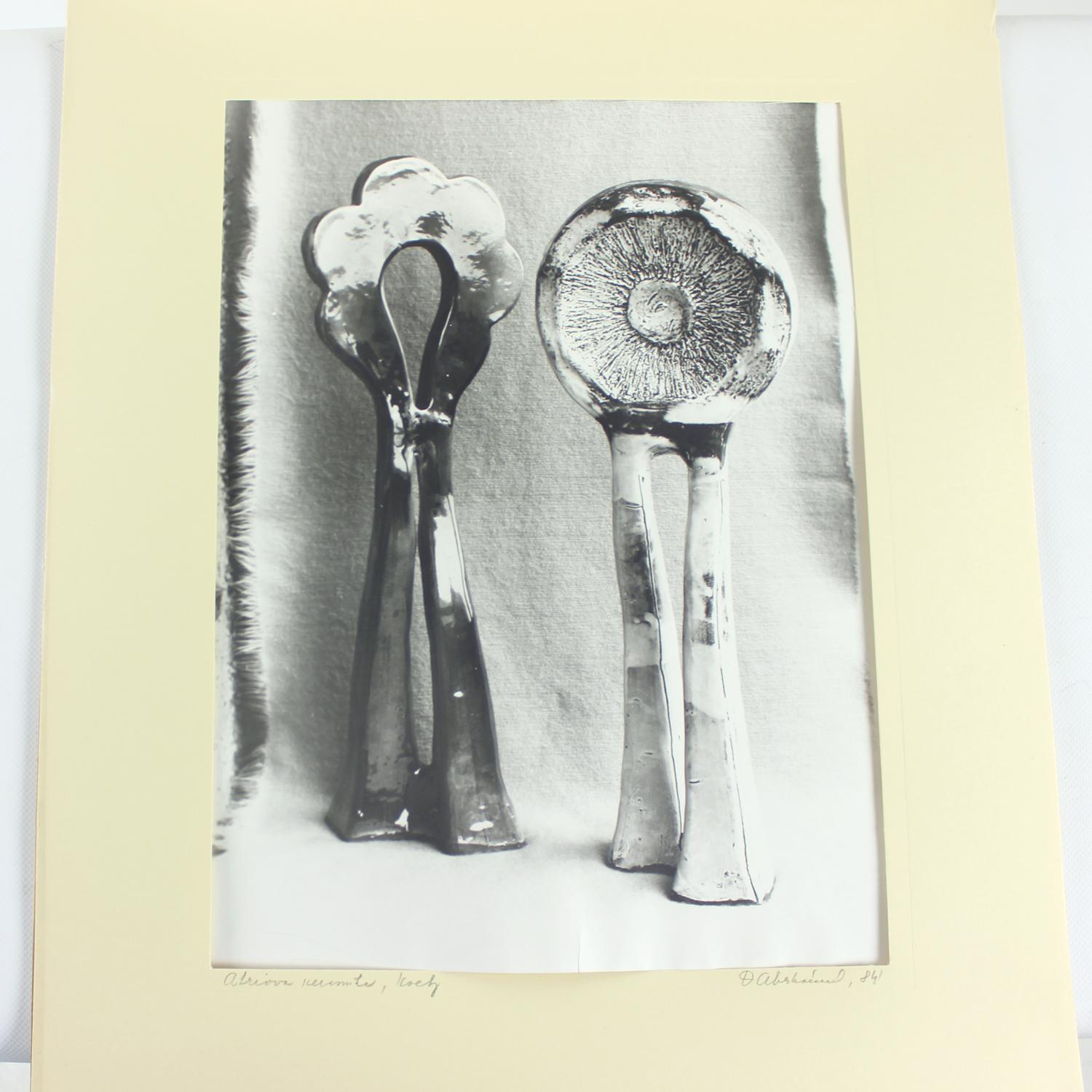Dieses elegante Set aus zwei Schwarz-Weiß-Fotografien zeigt die einzigartigen Keramikkreationen der bekannten Künstlerin Ditta Abrahámová. Die in den 1980er Jahren aufgenommenen Fotos wurden als Teil des persönlichen Archivs der Künstlerin