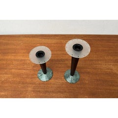 Set of 2 Vintage Postmodern Italian Wood and Stone Candleholders, 1980s