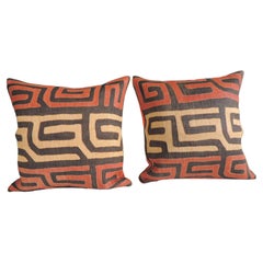 Set of '2' Vintage Raffia Square Greek Key Pattern African Decorative Pillows