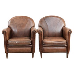 Set di 2 poltrone vintage in pelle di pecora dall'aspetto caratteristico