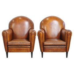 Set of 2 Vintage Sheepskin Leather Art Deco Style Design Armchairs