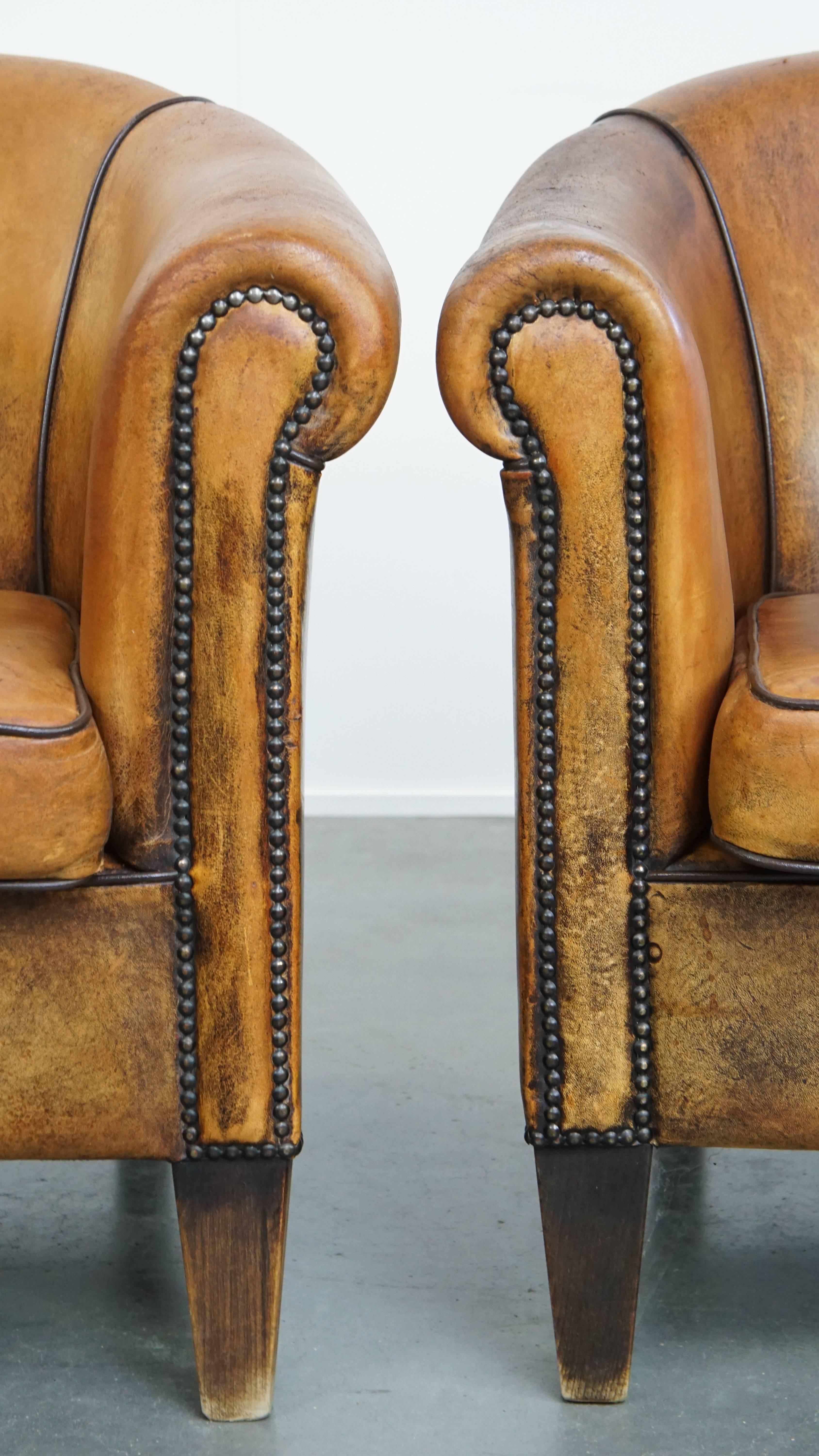 Set of 2 Vintage Sheepskin Leather Club Chairs For Sale 4