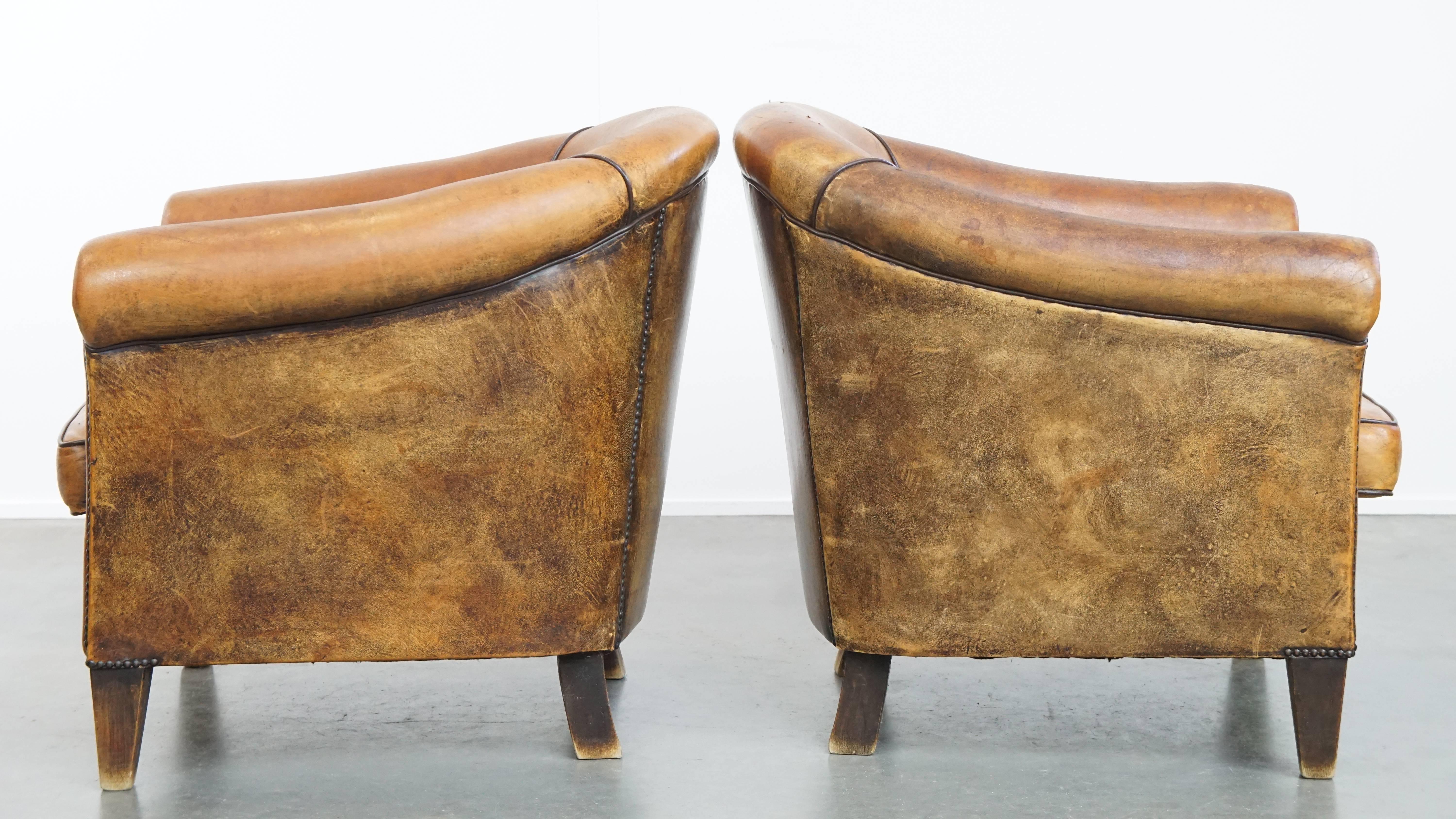 Hand-Crafted Set of 2 Vintage Sheepskin Leather Club Chairs For Sale