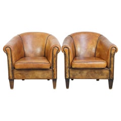 Set of 2 Vintage Sheepskin Leather Club Chairs