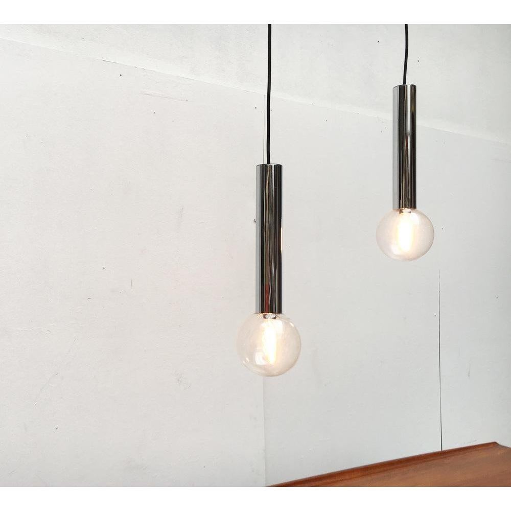 Set of 2 Vintage Space Age Chrome & Glass Pendant Lamps by Motoko Ishii For Sale 6
